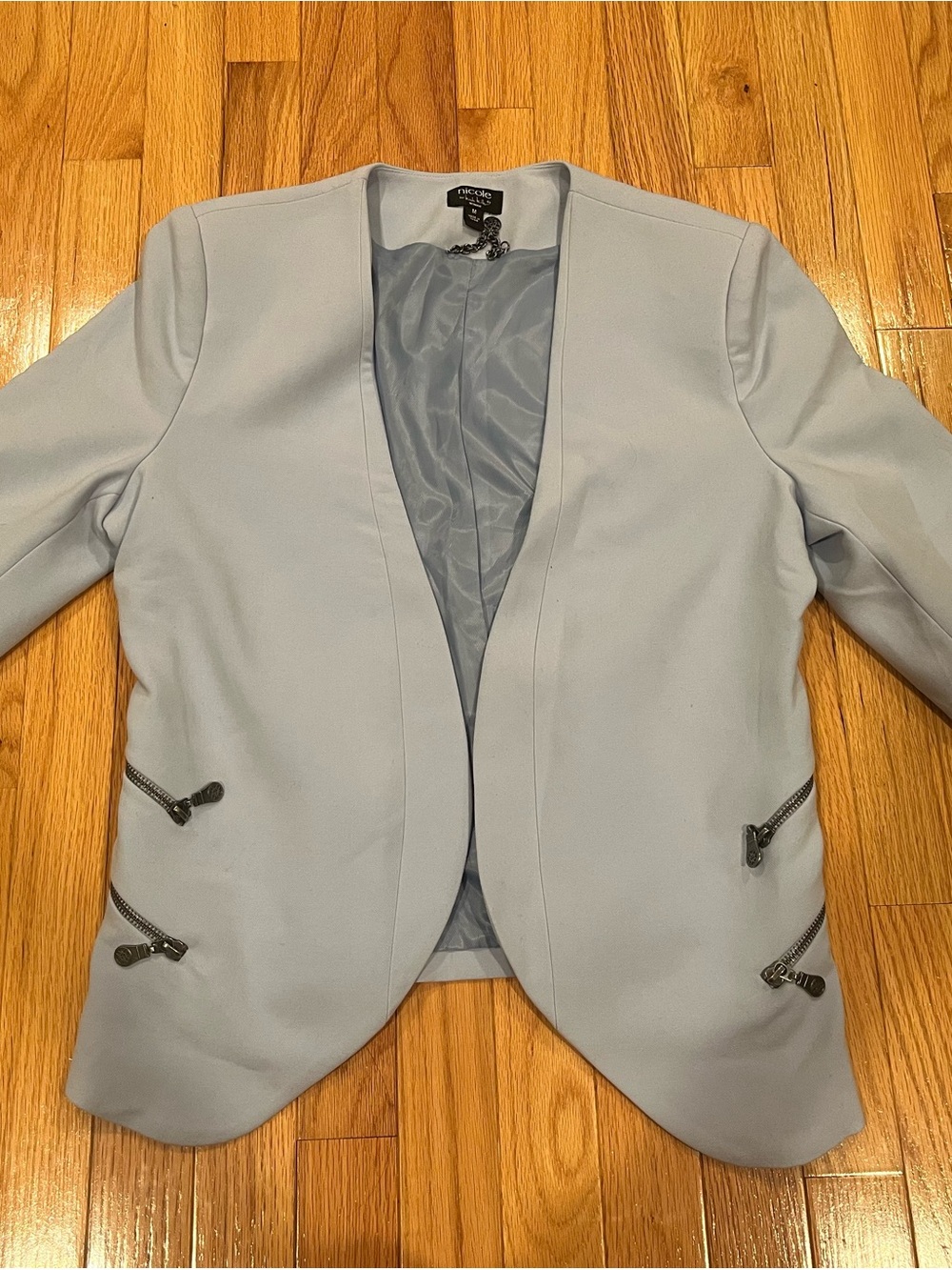 Nicole by Nicole Miller Pale Blue Open-Front Blazer with Zipper Accents